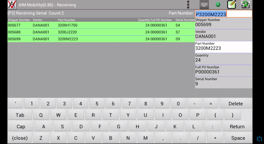 AIM Vision Mobility Receiving App review scanned labels