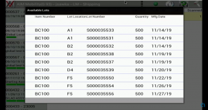 Available Lots with Location from Shipping App