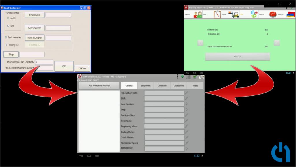 pushing workcenter activity data from aim mobility mes app to clipboard app