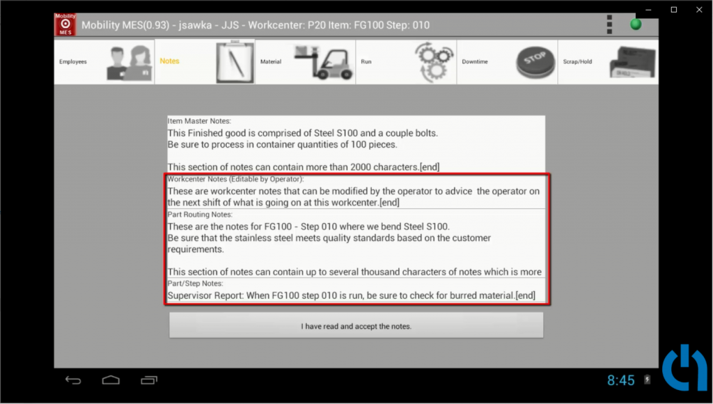 workcenter notes from aim mobility mes app