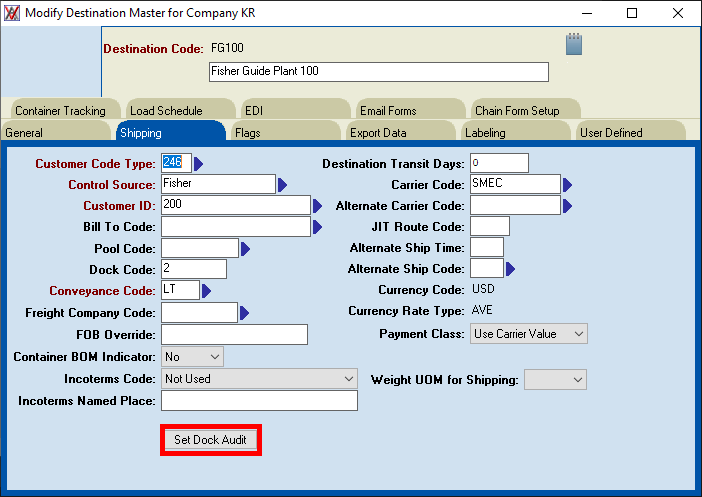 AIM Mobility Dock Audit destination set dock audit