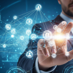 Business professional interacting with a digital network representing supply chain automation, data integration, and real-time connectivity across logistics, suppliers, and operations.