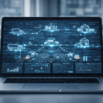 Laptop displaying an ERP supply chain management dashboard with connected logistics, warehouses, inventory, and transportation data.
