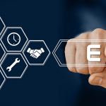 Conceptual image showing ERP integration, with a hand selecting ERP and icons representing manufacturing, inventory, finance, analytics, and supply chain functions.