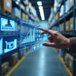 Warehouse aisle with digital inventory dashboards overlayed, showing real-time analytics and inventory data visualization used for EDI-driven inventory management and decision-making.