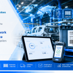 AIM Computer Solutions featured image for the 2026 Lean Network Conference for Honda Suppliers, showing an automotive manufacturing and shipping environment with a kanban-labeled container, tablet dashboard, handheld scanner, and digital icons for EDI, labeling, ASN, shipping, and visibility.