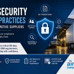 Graphic showing EDI security best practices for automotive suppliers, including secure data, compliance, audit trails, ASN accuracy, and AIAG-compliant labeling.
