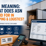 Infographic showing an ASN 856 advance shipment notice on a computer screen beside a labeled package, barcode scanner, and loading dock.