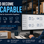 Featured image showing an automotive supplier using generic business software for orders, shipments, inventory, and documents, with EDI capability icons for releases, labels, ASNs, CUM tracking, and compliance.
