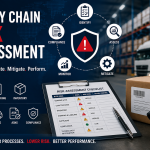 Supply chain risk assessment graphic with warehouse, barcode scanner, shipping box, checklist, and icons for EDI, CUM tracking, inventory, labeling, ASNs, and compliance.