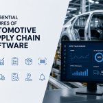 Automotive supply chain software dashboard displayed beside a vehicle production line.