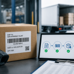 Automotive shipping station with barcode scanner, labeled container, shipment verification screen, and truck ready for loading.