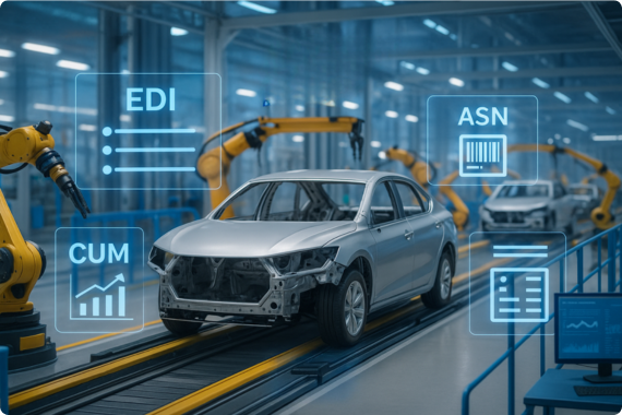 Automotive assembly line with robotic arms and digital overlays showing EDI, ASN, and CUM data for automotive supplier order management.