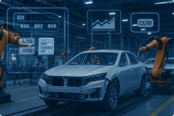 Automotive assembly line with robotic arms and digital overlays showing EDI codes, AIAG labels, and CUM tracking.