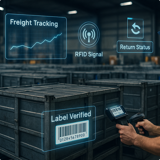 Worker scanning a barcode on a returnable container with digital overlays showing freight tracking, RFID signal, return status, and label verification.