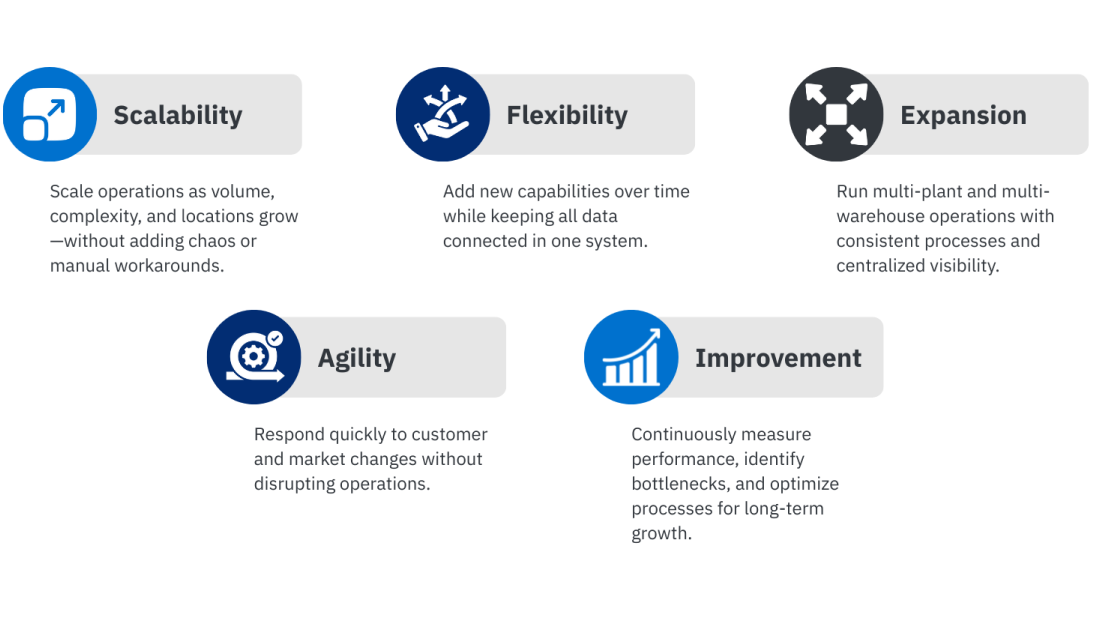 Graphic illustrating ERP scalability and growth benefits, including scalability, flexibility, expansion, agility, and continuous improvement.
