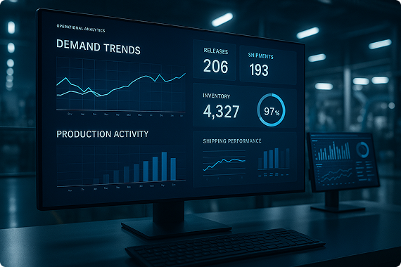Automotive ERP and EDI performance dashboard showing demand trends, production activity, inventory levels, and shipping analytics on a monitor inside a manufacturing facility.
