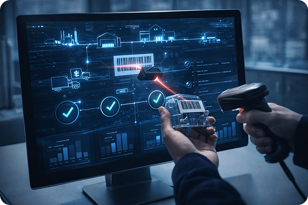 Automotive traceability system showing a barcode scan linked to real-time production and shipping data on a digital dashboard, supporting quality control and compliance in a modern manufacturing environment.