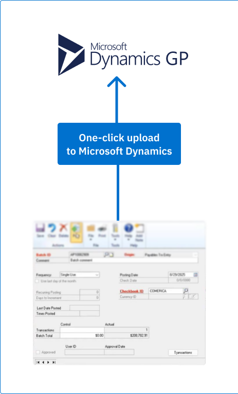 A graphic showing AIM Vision ERP’s seamless financial integration with Microsoft Dynamics GP. It features a blue arrow labeled “One-click upload to Microsoft Dynamics,” connecting an accounting interface screenshot to the Microsoft Dynamics GP logo.